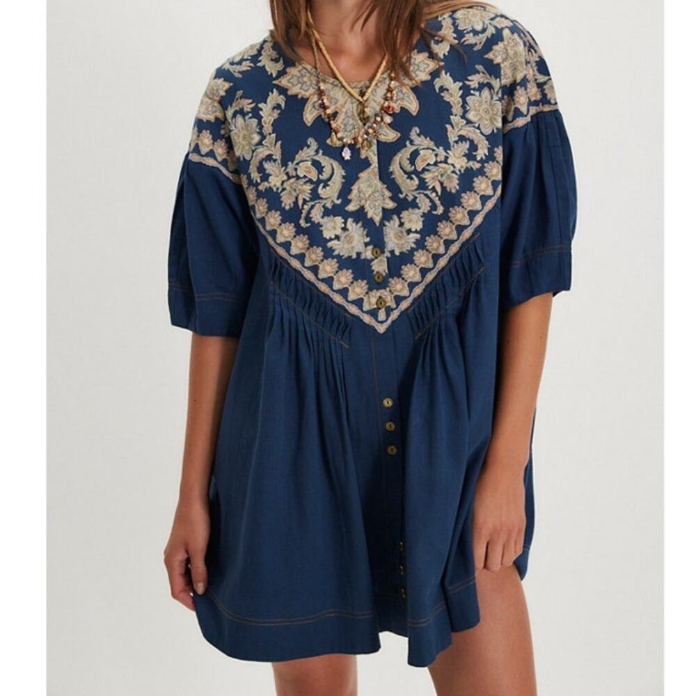 NEW Free People Orson Indigo Combo Blue Button Front Cotton Printed Mini Dress